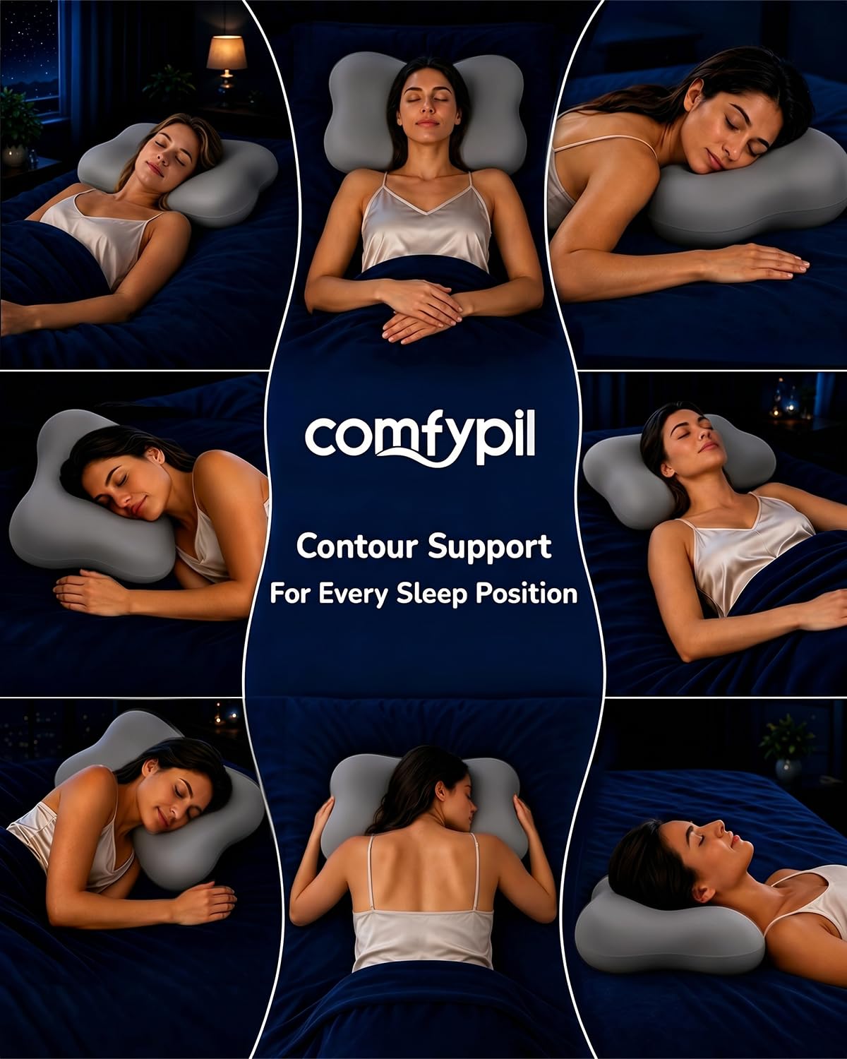 COMFYPIL in bed demonstrating back sleeper support and shoulder comfort