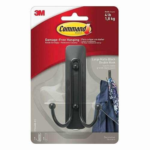 Command black double wall hook front view showing sleek design and neat hanging