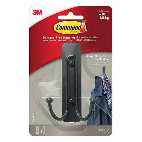 Command black double wall hook front view showing sleek design and neat hanging