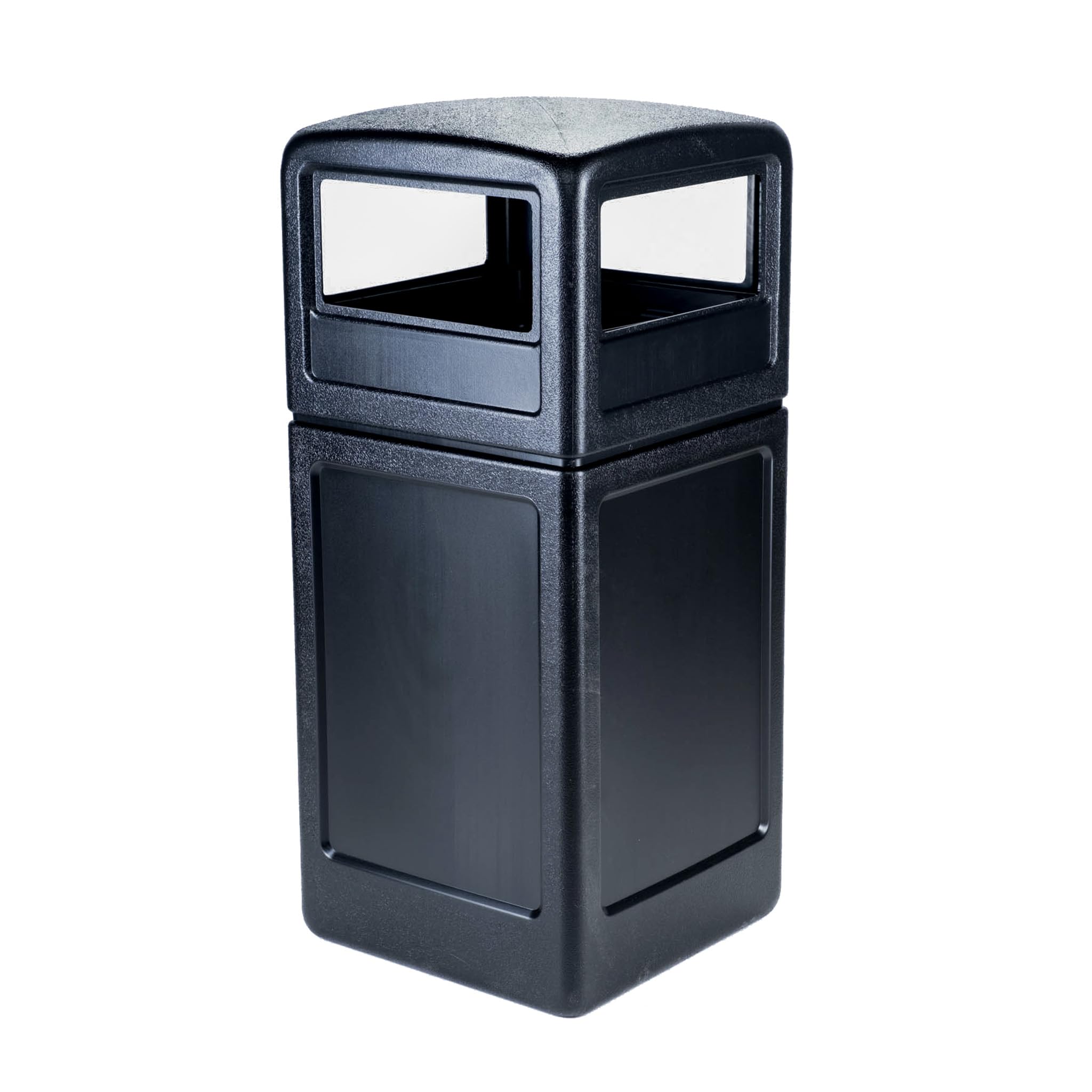 Commercial Zone PolyTec front view showing square black container and domed lid, durable appearance