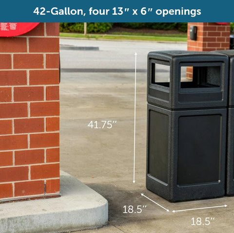 Commercial Zone PolyTec beside a person for scale showing 42-gallon capacity and space-saving square shape