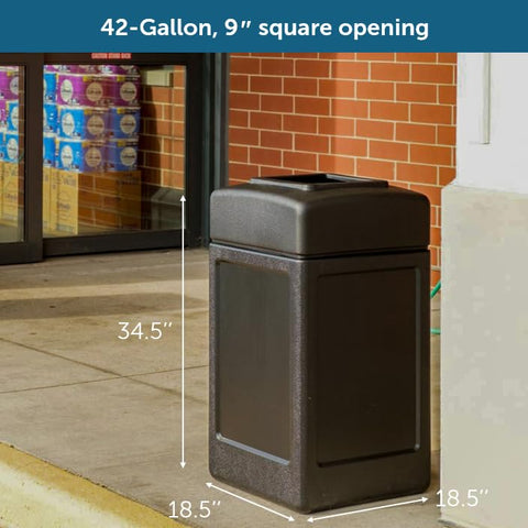 Commercial Zone bin next to a standard garbage bag showing 42-gallon capacity and scale