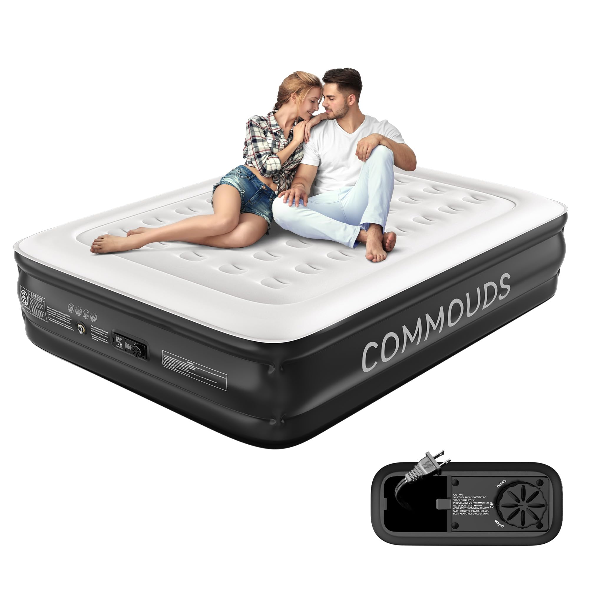 COMMOUDS front view of queen air mattress showing sturdy support and quick setup benefit