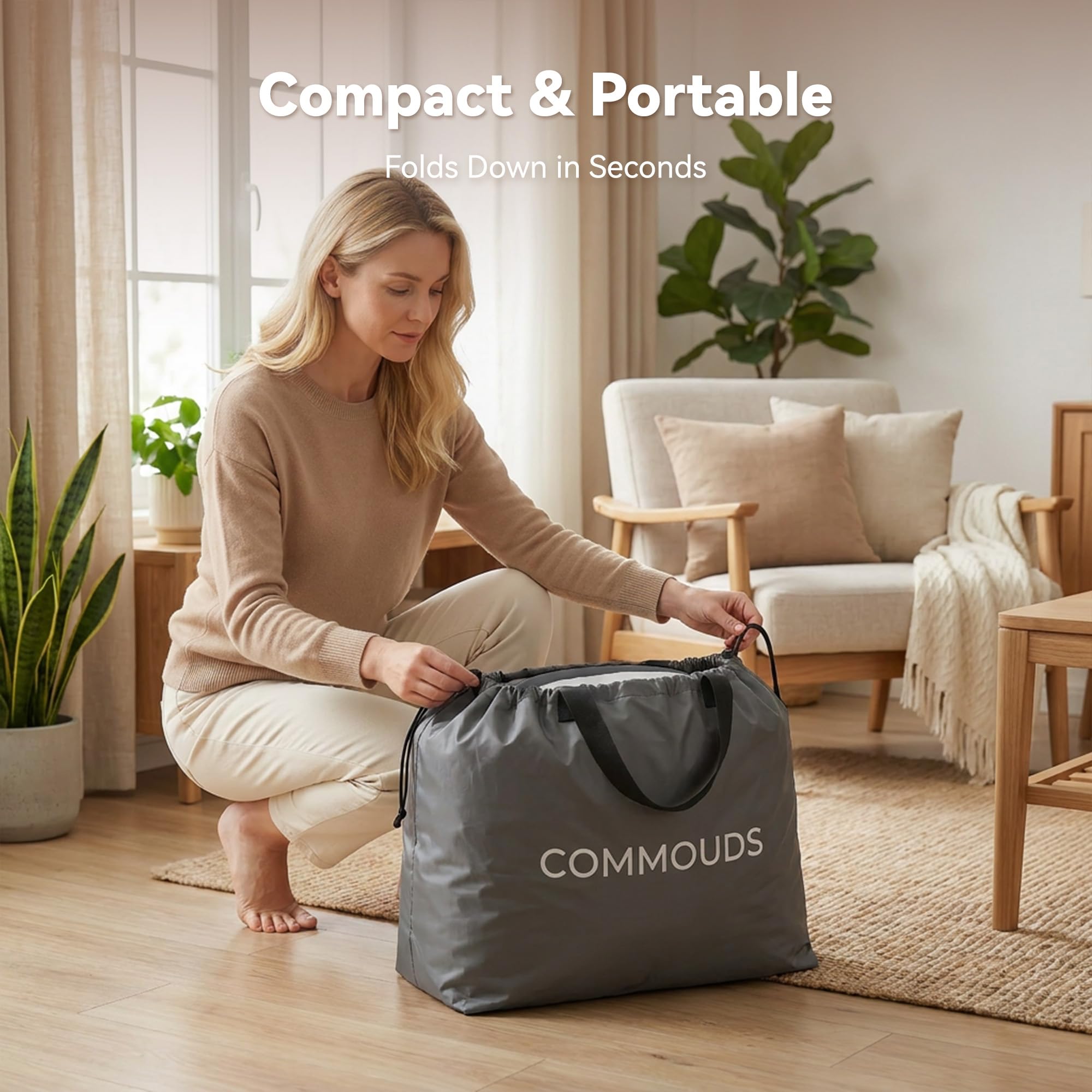 COMMOUDS mattress inside tent showing comfortable travel bedding versatility