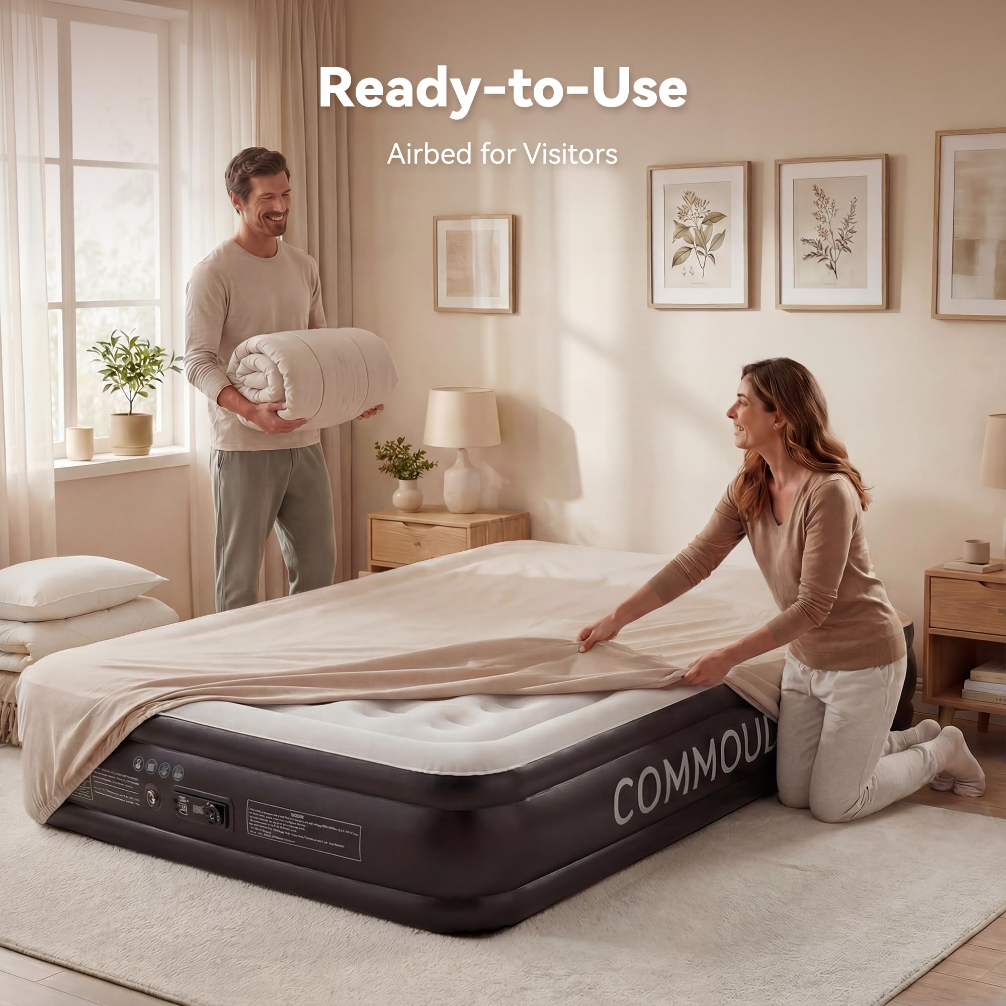 COMMOUDS side-by-side with standard queen bed showing comparable sleeping surface size