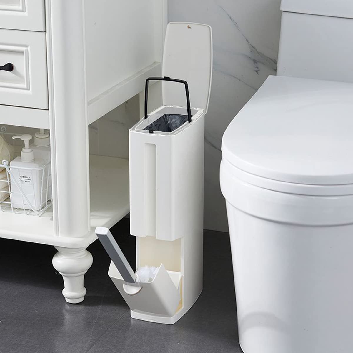 COMODID front view of slim lidded trash can showing compact design and neat storage benefit