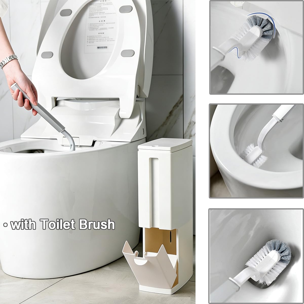 COMODID inside view with hidden toilet brush demonstrating concealed cleaning tool storage benefit