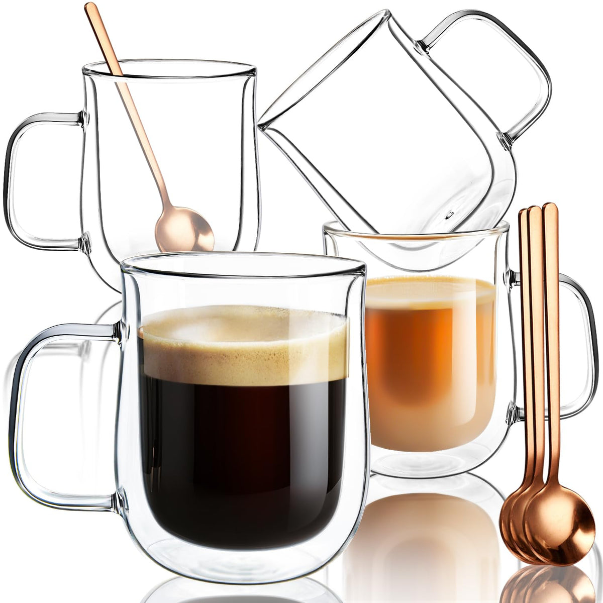 COMOME front view of four clear glass mugs showing set and spoons, elegant presentation