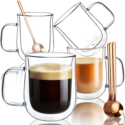 COMOME front view of four clear glass mugs showing set and spoons, elegant presentation