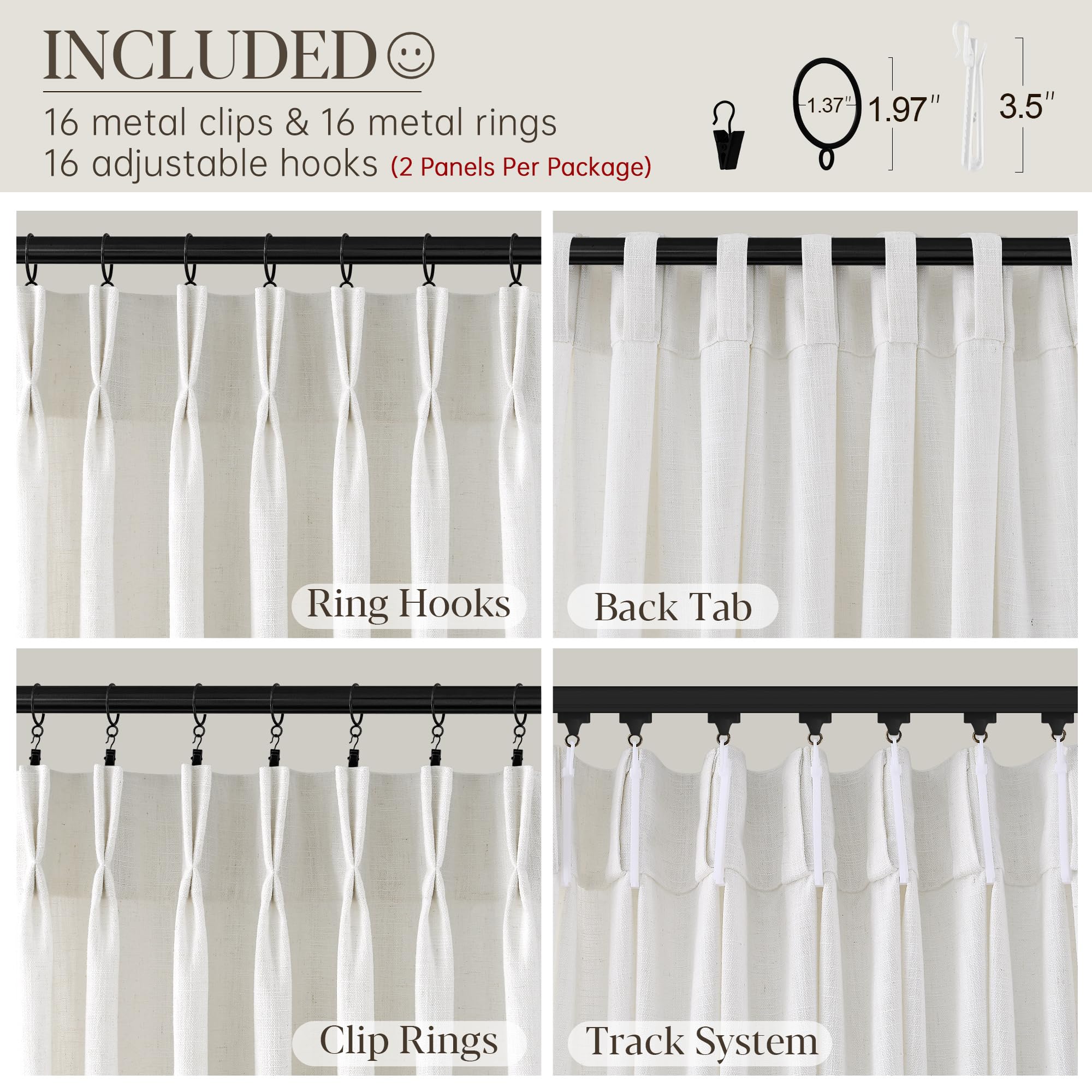 COMON HOME included hooks rings and clips laid out, makes installation flexible