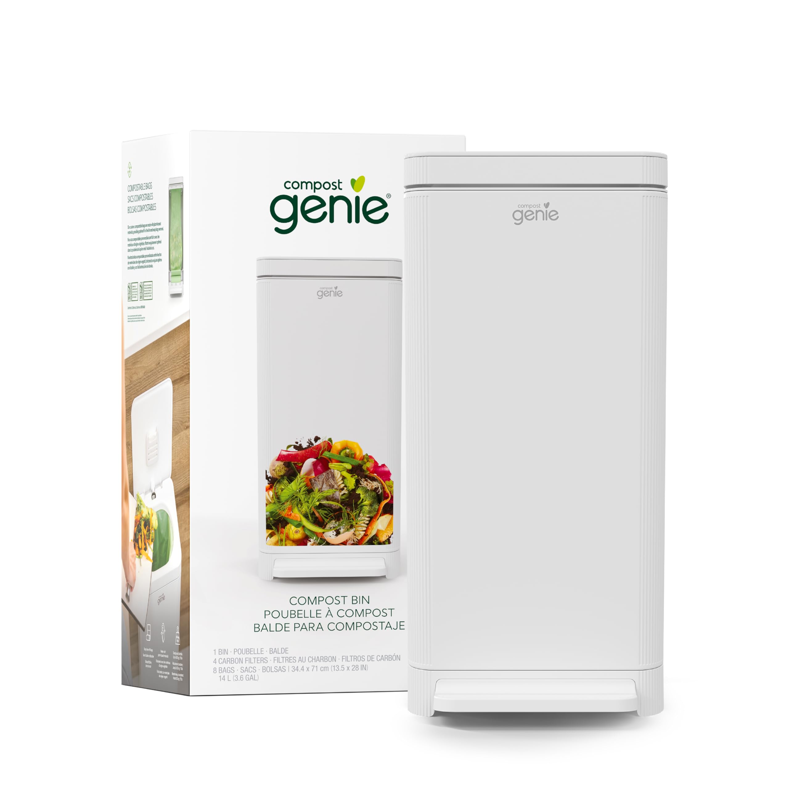 Compost Genie front view white stainless steel shows sleek, odor‑reducing design