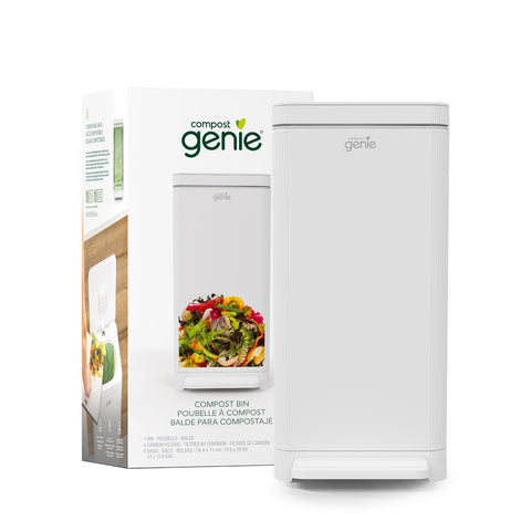 Compost Genie front view white stainless steel shows sleek, odor‑reducing design