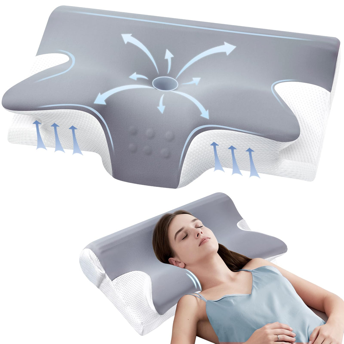 ComRola front view of contoured cervical pillow showing ergonomic curve and support