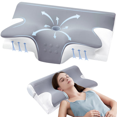 ComRola front view of contoured cervical pillow showing ergonomic curve and support
