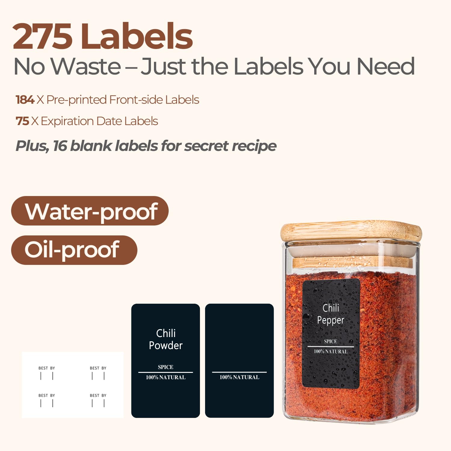 ComSaf filled spice jars on countertop for quick ingredient access
