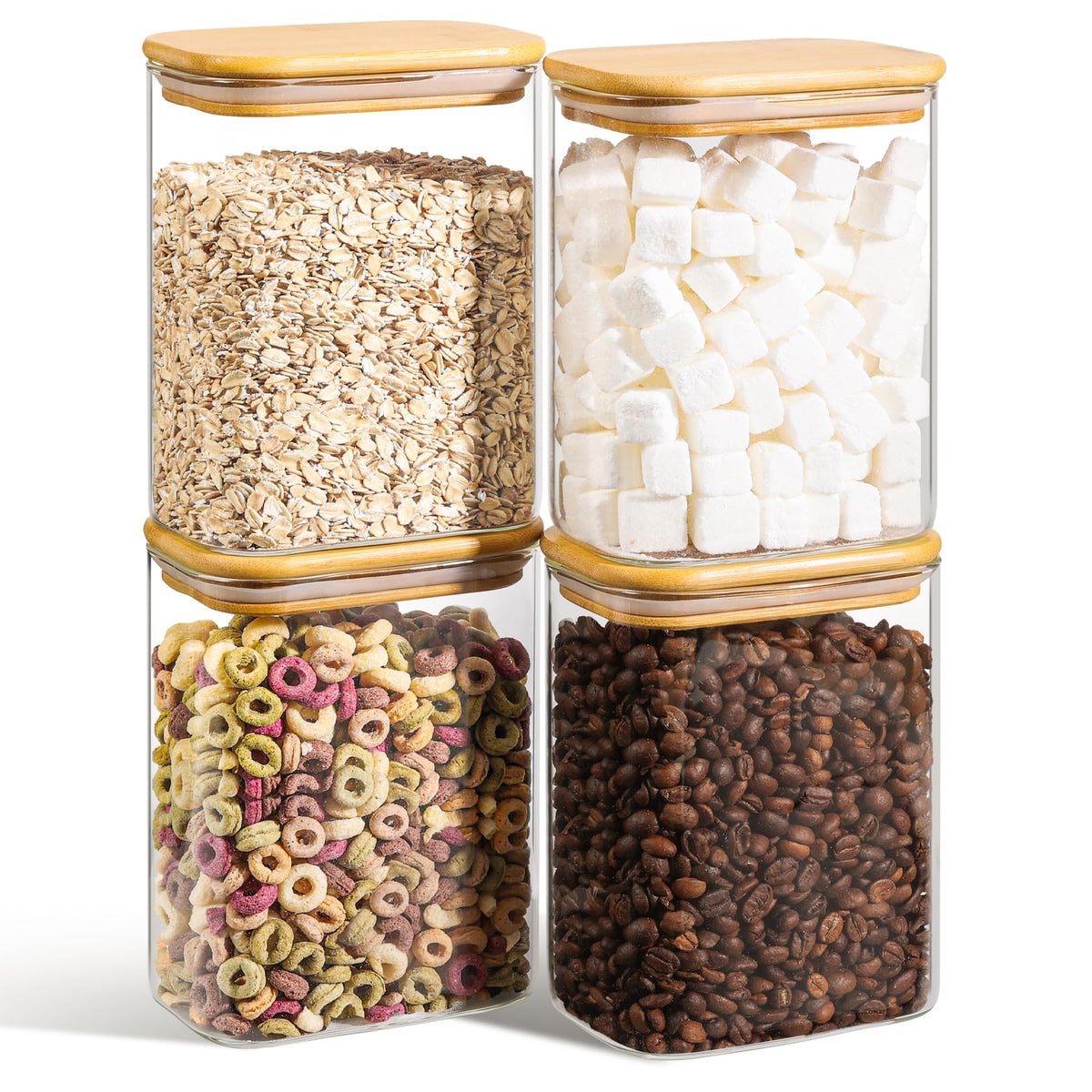 ComSaf front view of four jars for organized pantry storage