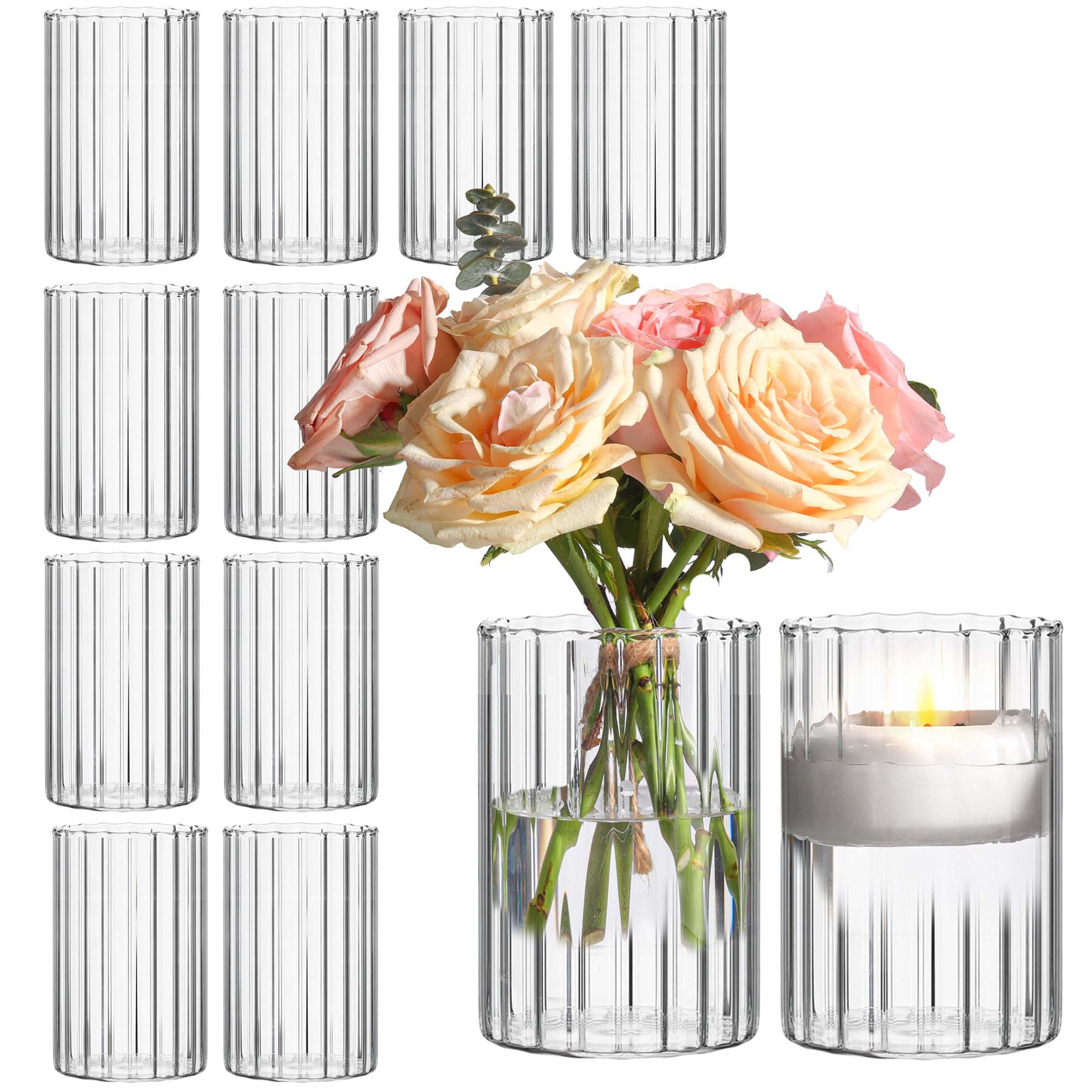 ComSaf front view of clear ribbed vases showing modern profile and versatility