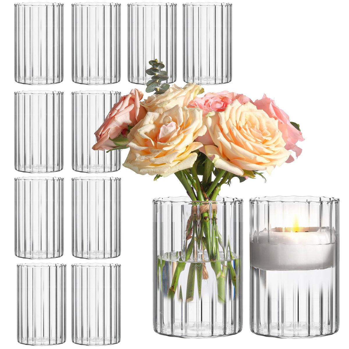 ComSaf front view of clear ribbed vases showing modern profile and versatility