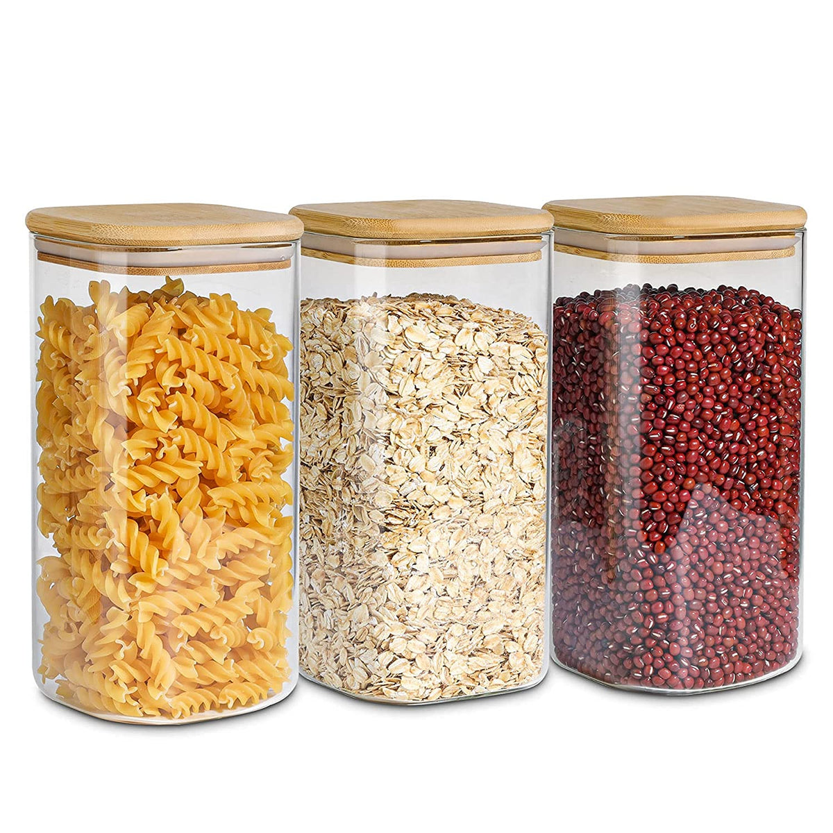 ComSaf front view of three glass canisters showcasing tidy pantry storage benefit