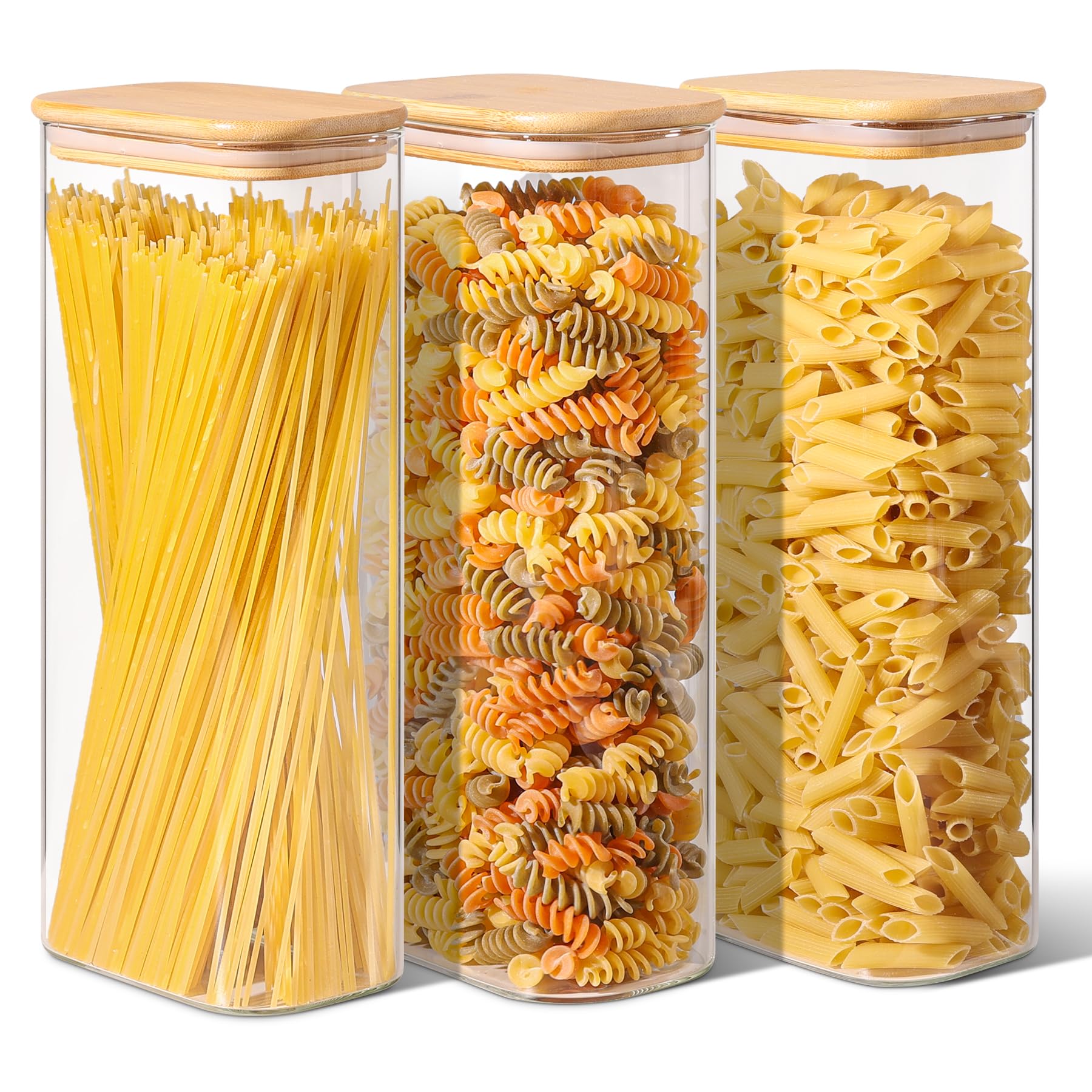 ComSaf front view of tall glass pasta jar showing clear contents and neat storage
