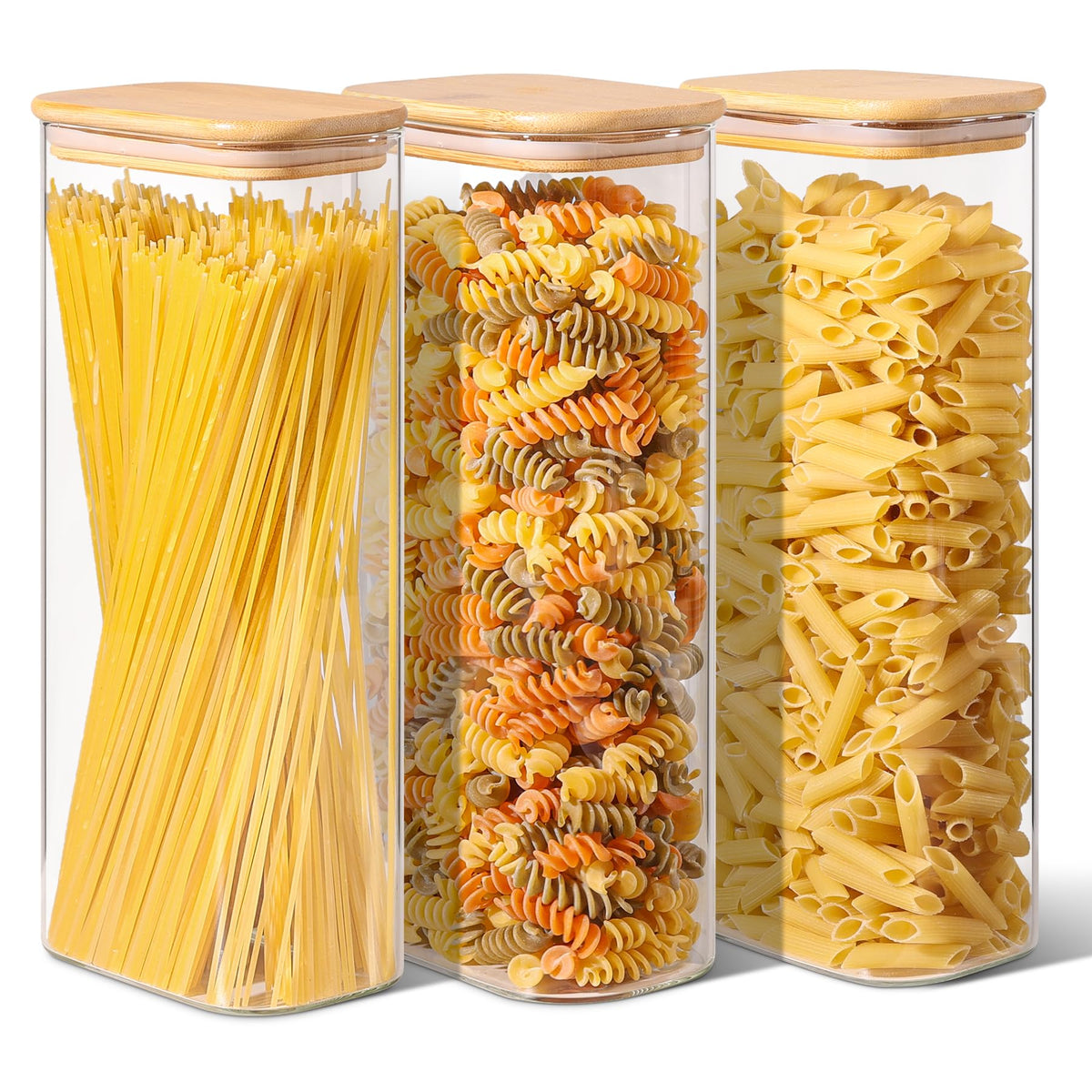 ComSaf front view of tall glass pasta jar showing clear contents and neat storage