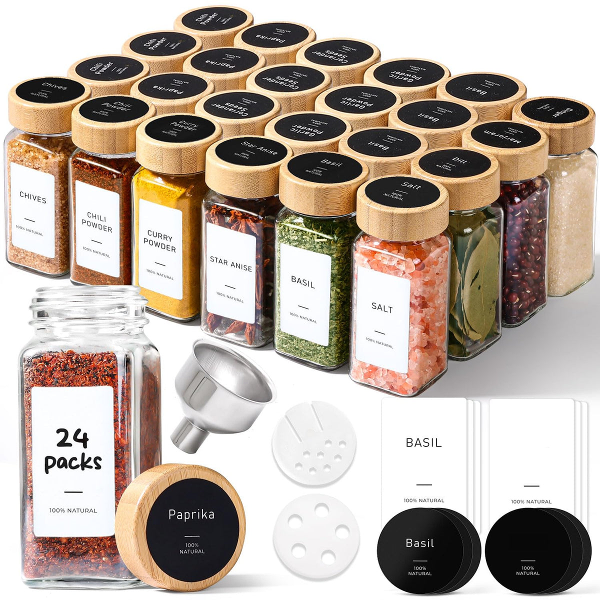 ComSaf front view of 24 glass spice jars showing neat pantry organization