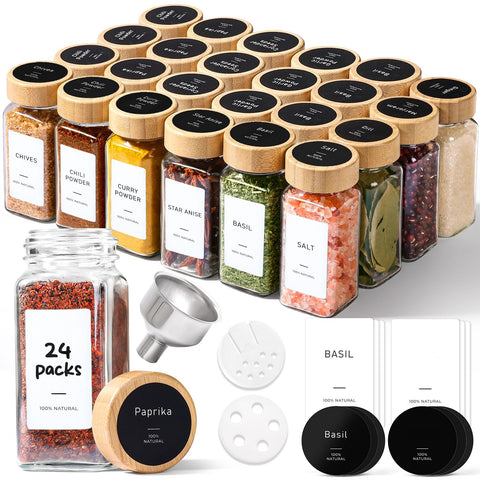 ComSaf front view of 24 glass spice jars showing neat pantry organization