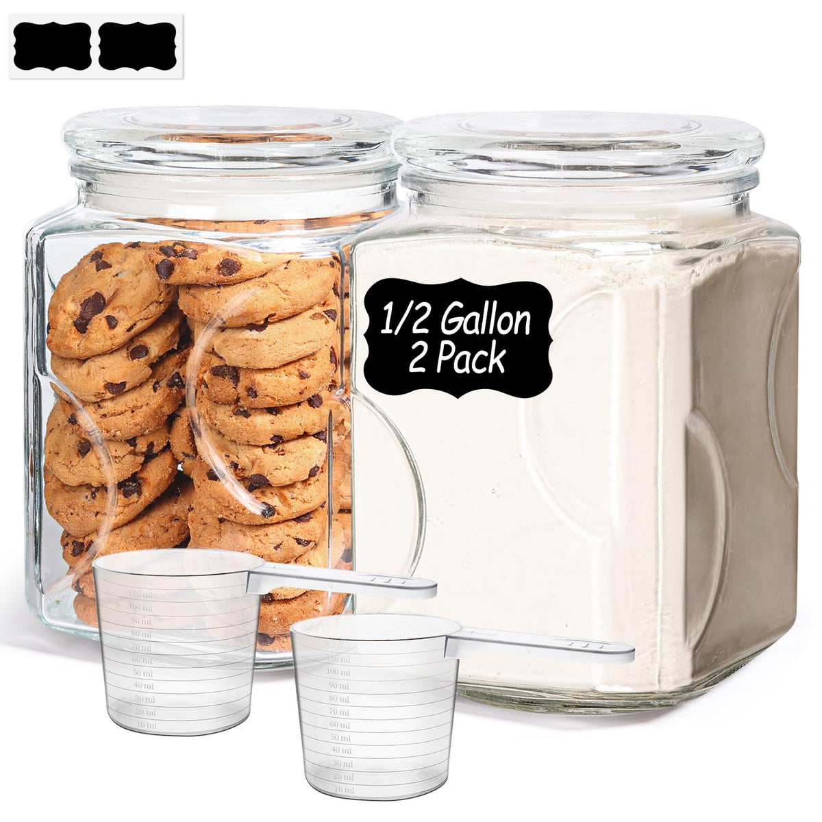 ComSaf front view of two square half-gallon jars showing neat countertop storage benefit
