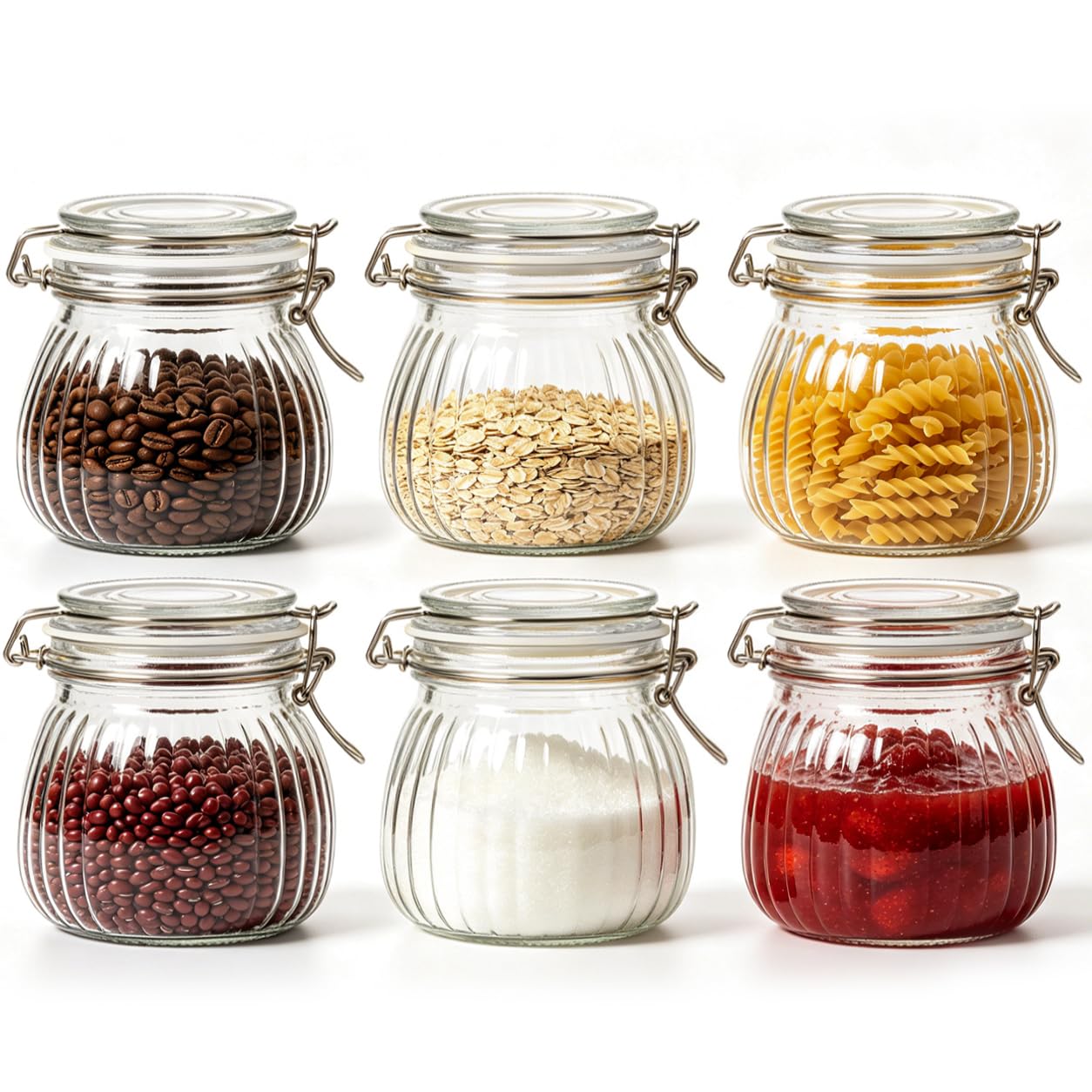 ComSaf front view of six ribbed jars showing vintage look and organized storage benefit