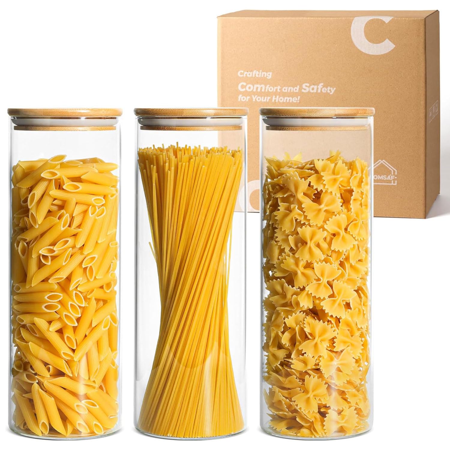 ComSaf three‑pack front view showing clear glass jars and bamboo lids for organized storage