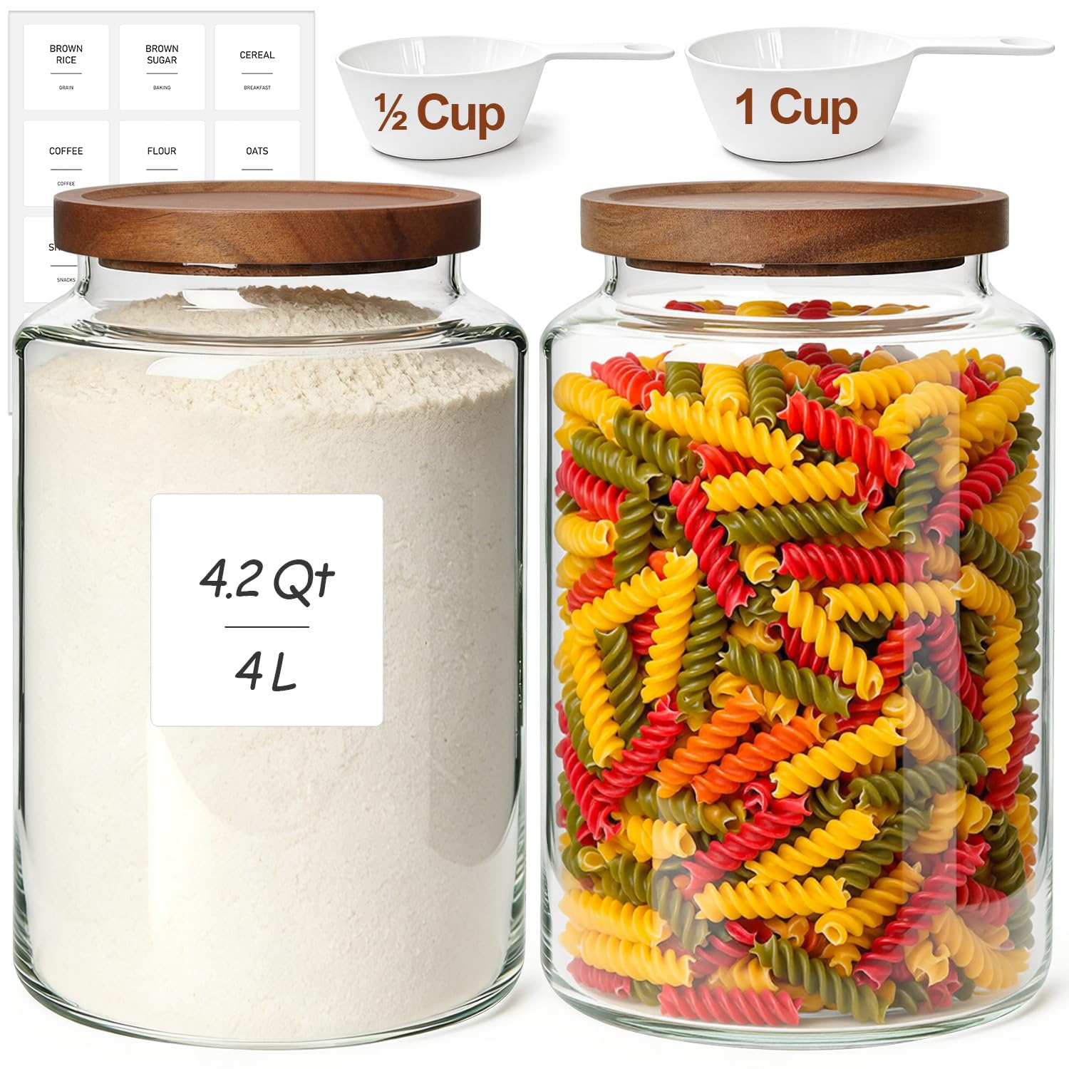 ComSaf front view of two glass canisters showing clear contents and tidy storage