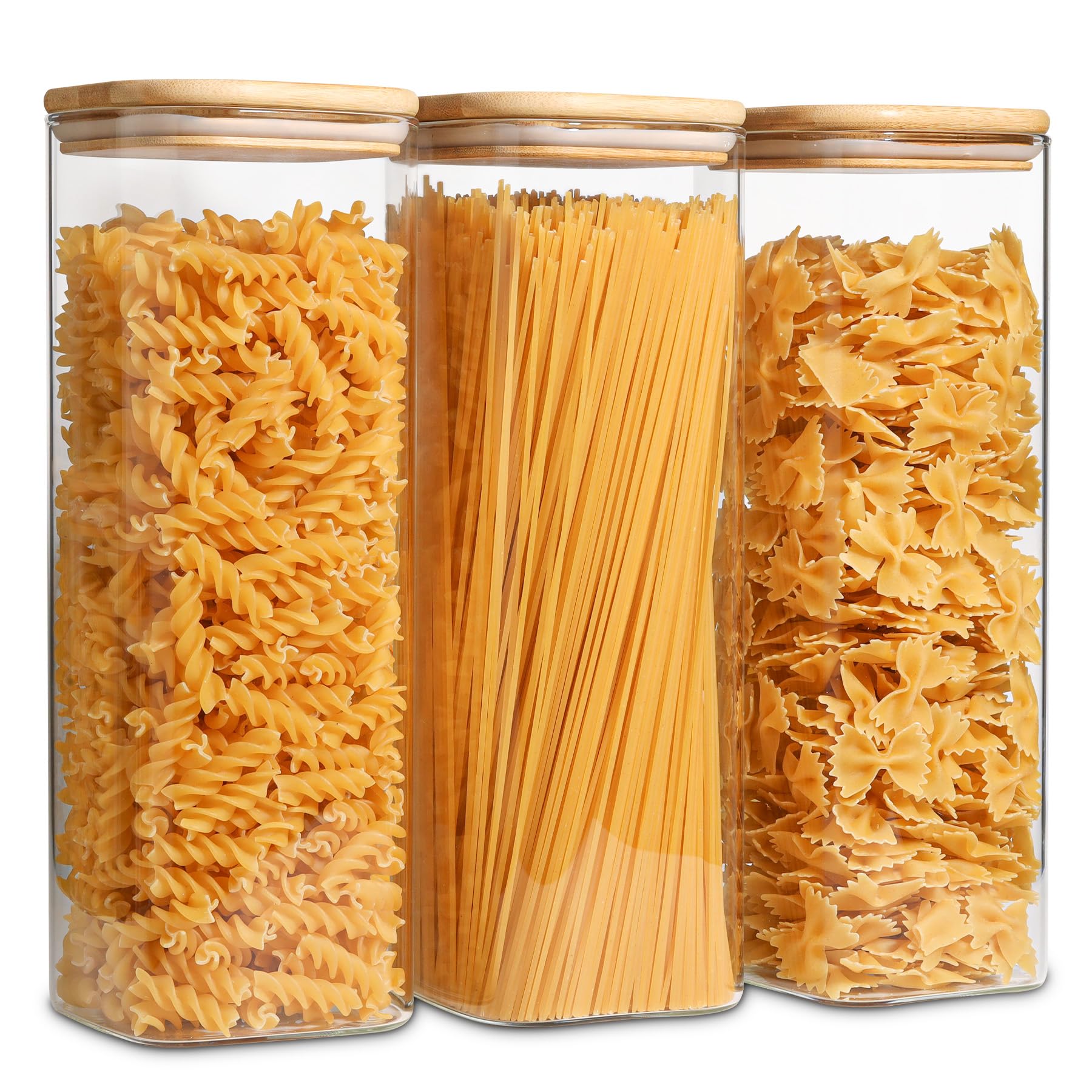 ComSaf front view of three tall jars showing neat, visible pantry storage benefit
