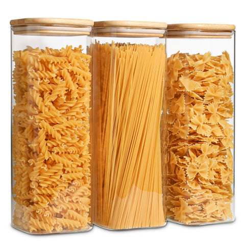 ComSaf front view of three tall jars showing neat, visible pantry storage benefit