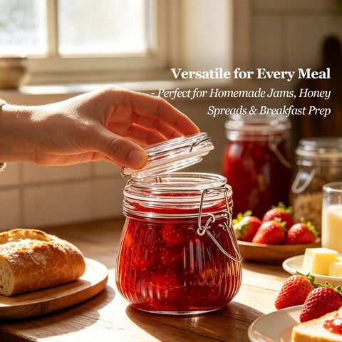 ComSaf jars in fridge filled with pickles illustrating space-saving chilled storage benefit