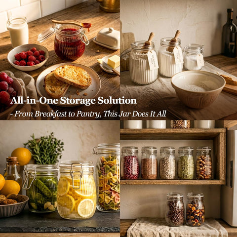ComSaf jars with flour and sugar on shelf showing pantry organization benefit