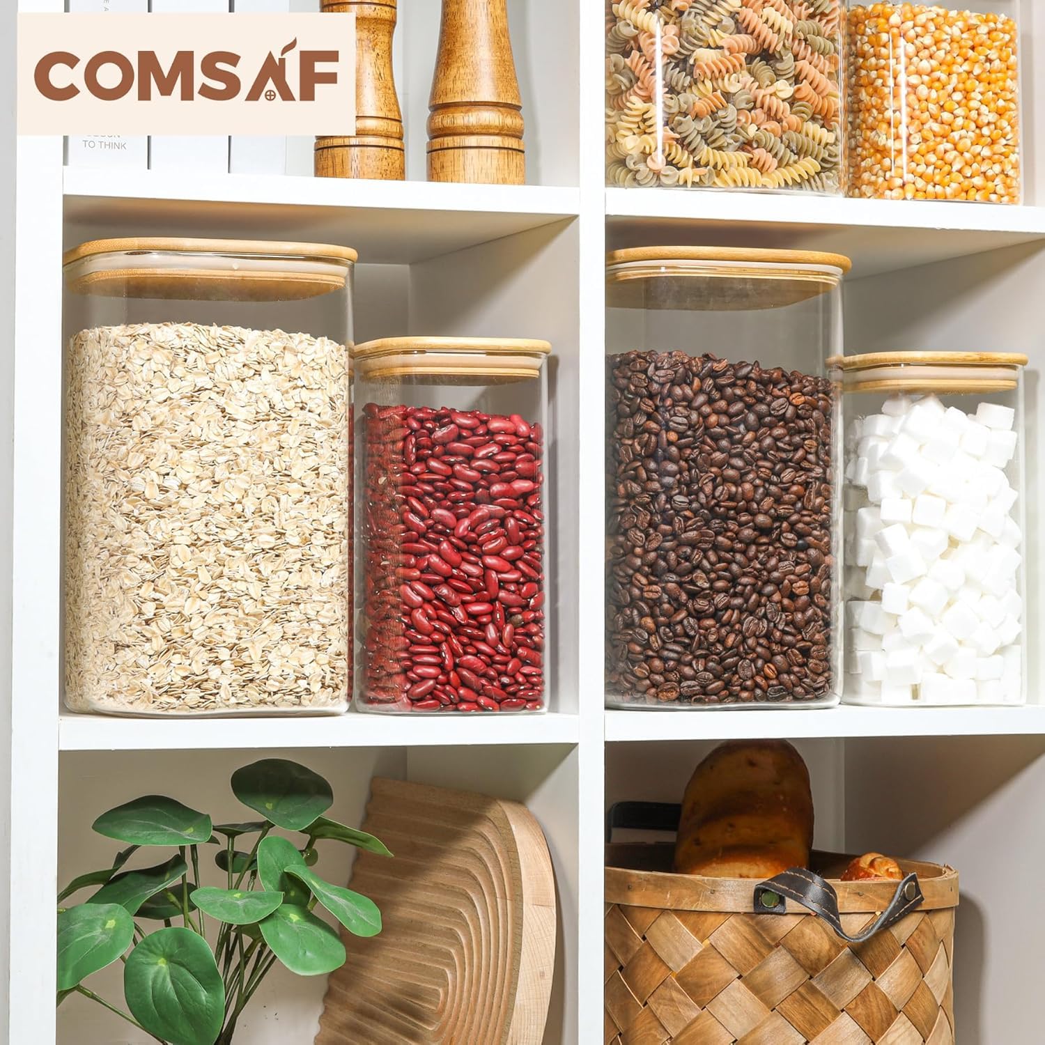 ComSaf lifestyle kitchen scene with jars in use promoting organized cooking