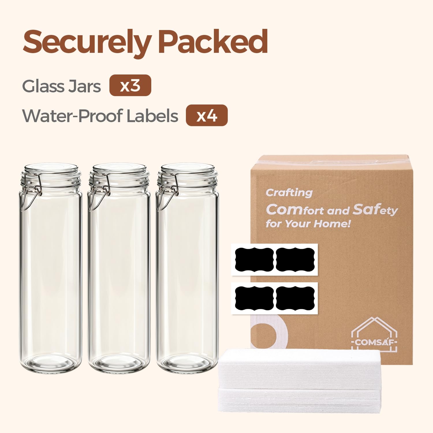 ComSaf jars styled on a kitchen shelf showing tidy pantry and easy access