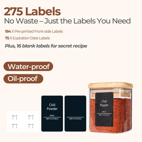 ComSaf label sheet beside jars showing tidy identification benefit