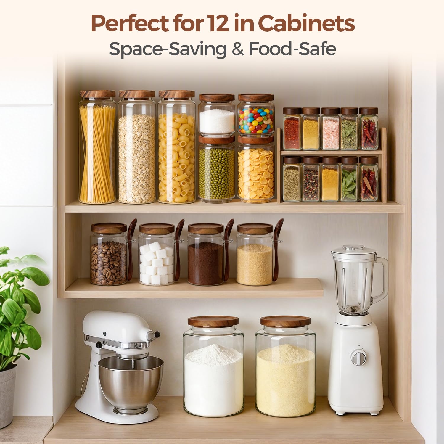 ComSaf labeled jars neatly arranged on shelf for tidy pantry benefit
