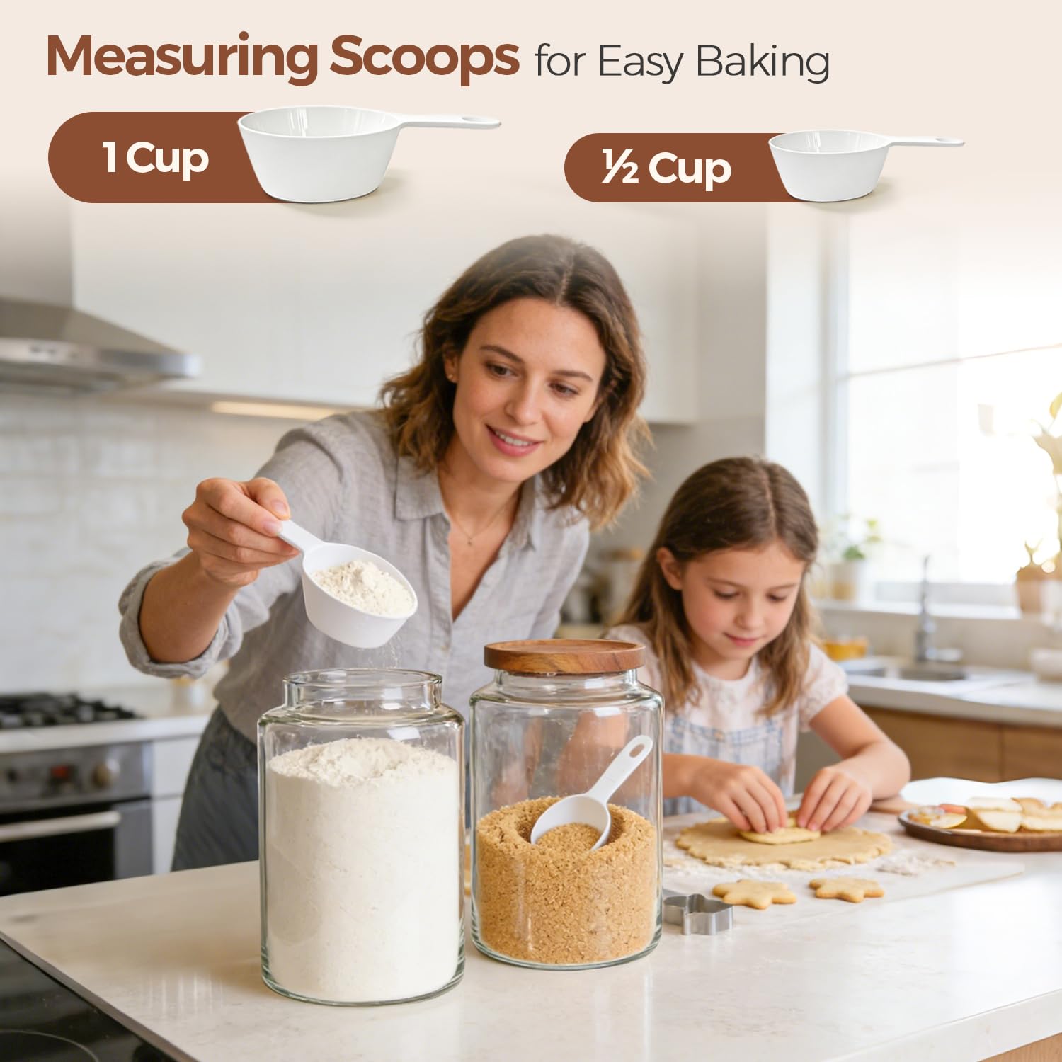 ComSaf measuring flour from the jar using included scoop for tidy portions