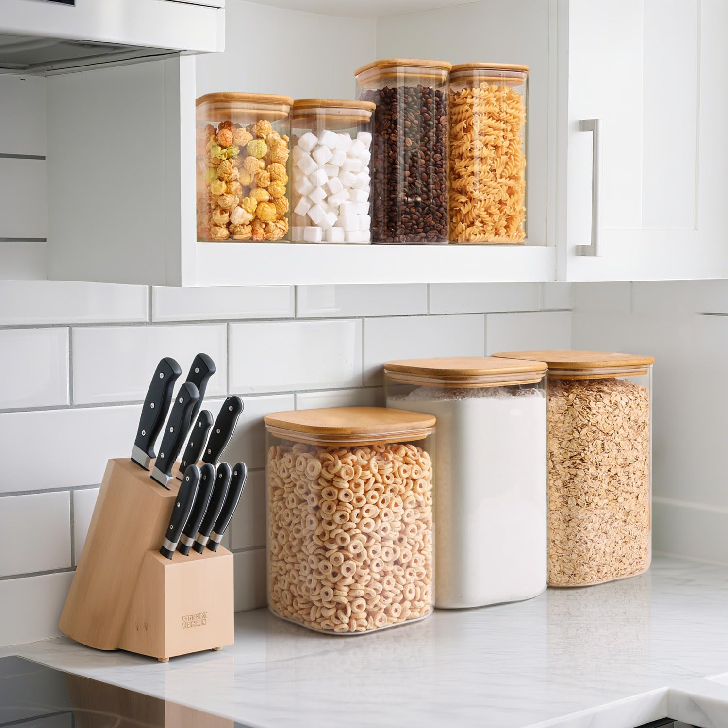 ComSaf jars lined on pantry shelf demonstrating space‑saving square shape