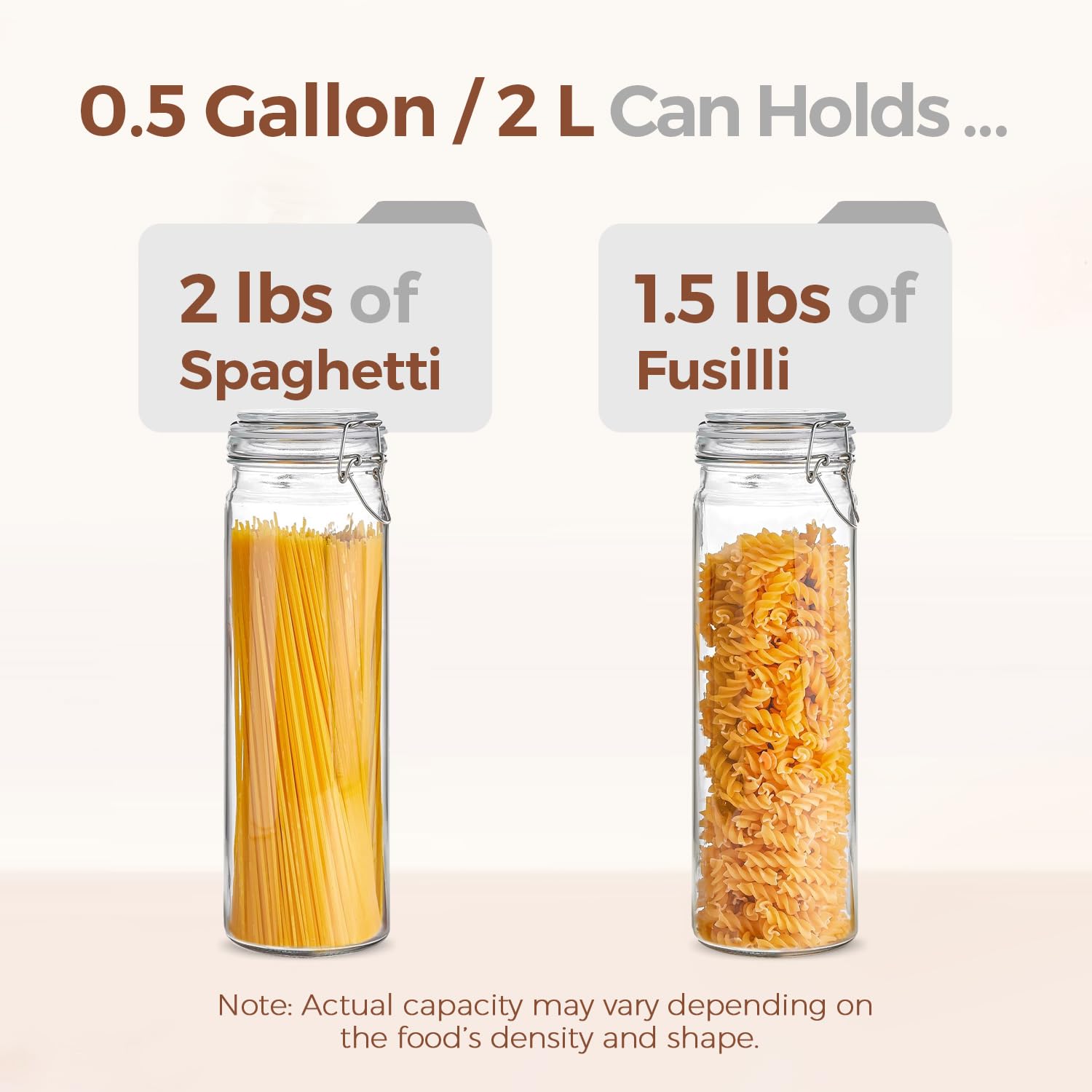 ComSaf jar filled with spaghetti demonstrating full-length noodle storage benefit
