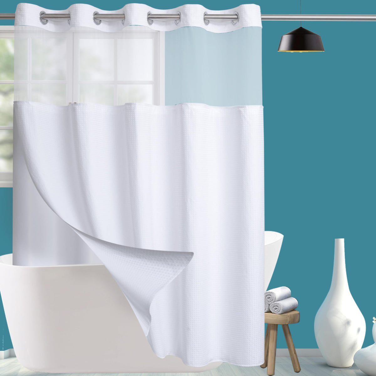 Conbo Mio front view of white waffle weave curtain showing elegant hotel look