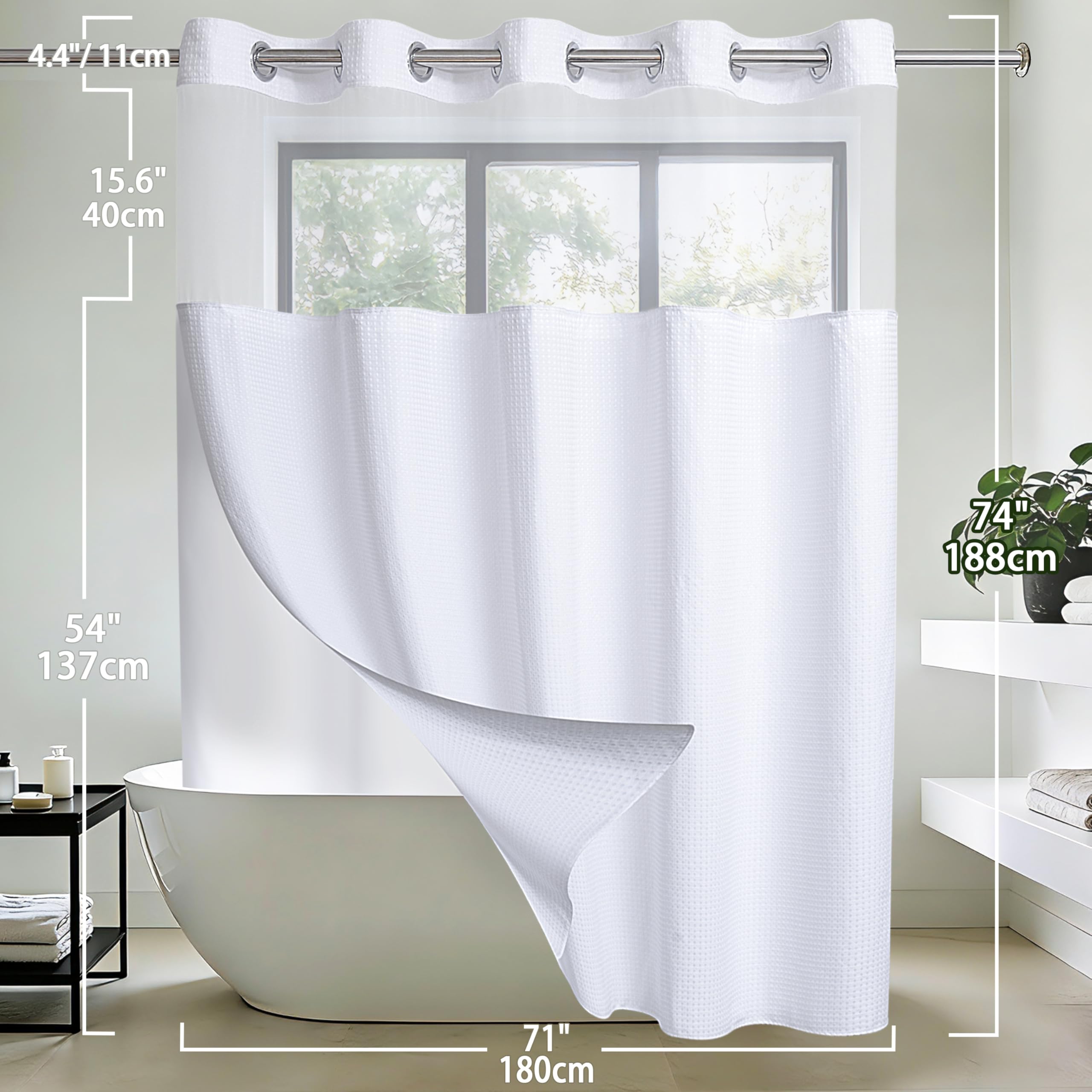 Conbo Mio curtain beside tub for size comparison to standard shower setup