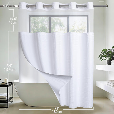 Conbo Mio curtain beside tub for size comparison to standard shower setup