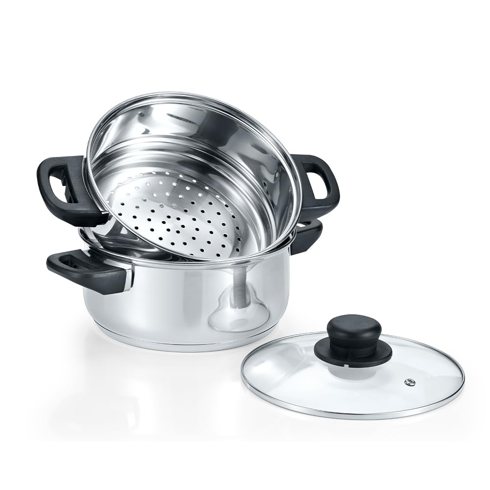 Concord stainless steel steamer set front view showing polished finish and lid, durable and compact