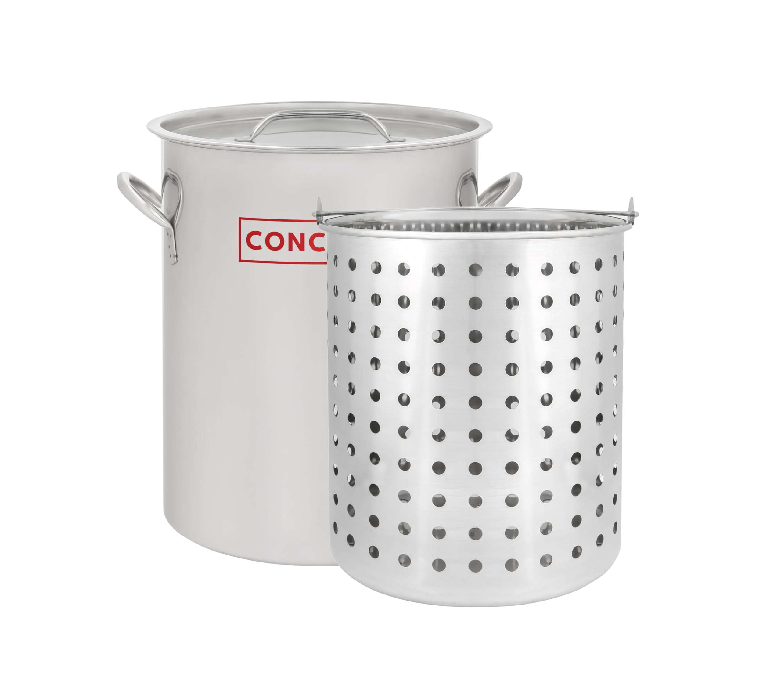 Concord Cookware stock pot front view showing full capacity and handles, durable construction
