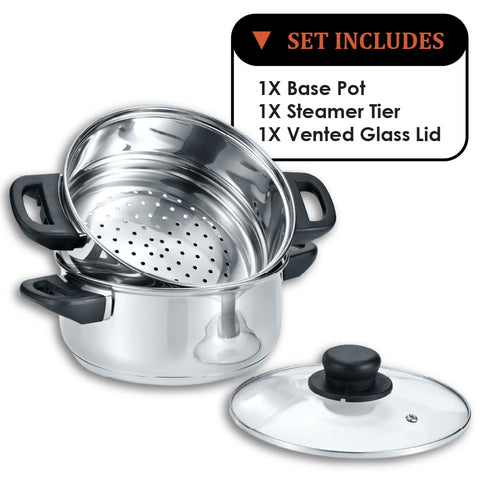 Concord 2-quart steamer tier filled with steamed vegetables demonstrating gentle steaming benefit