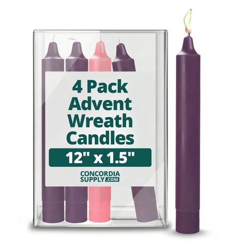 Concordia Supply front packaging view showing three purple and one rose candles, clear labeling and tidy pack