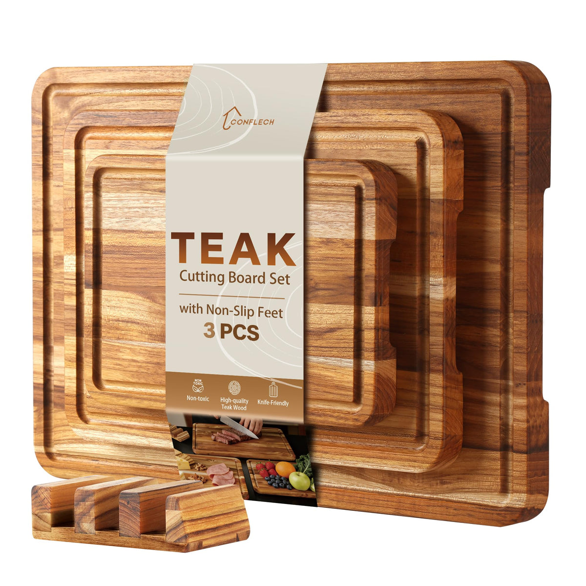 Conflech front view of three teak boards showing sizes and professional finish, durable prep benefit